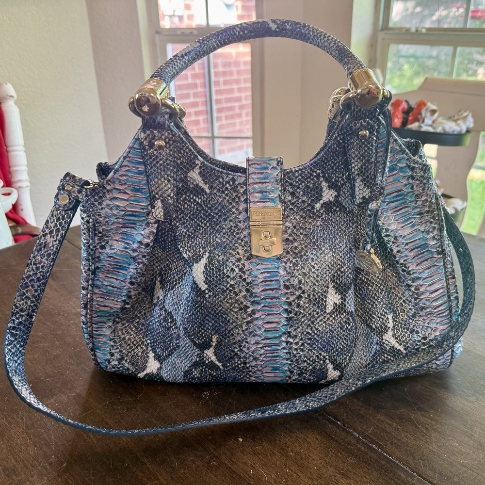 Brahmin Elisa Marine Seville Snakeskin Design Leather Satchel Handbag
